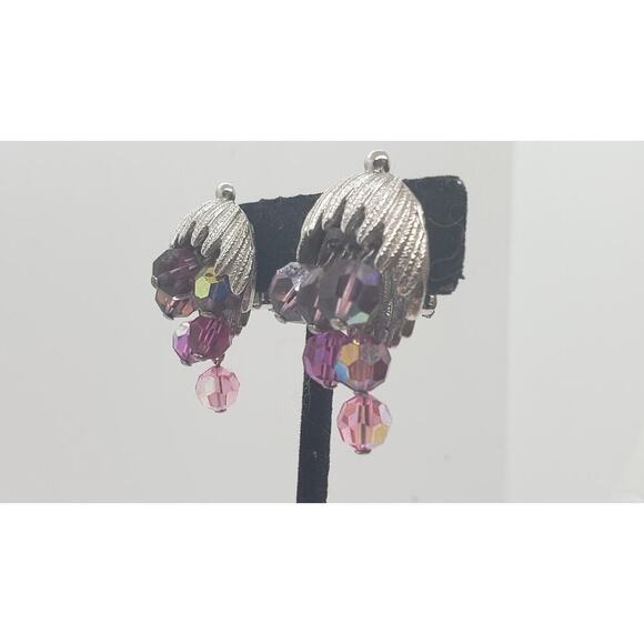 Vintage Earrings Purple Waterfall Clip On Schrager Aurora Borealis Bead Dangle - Picture 9 of 13